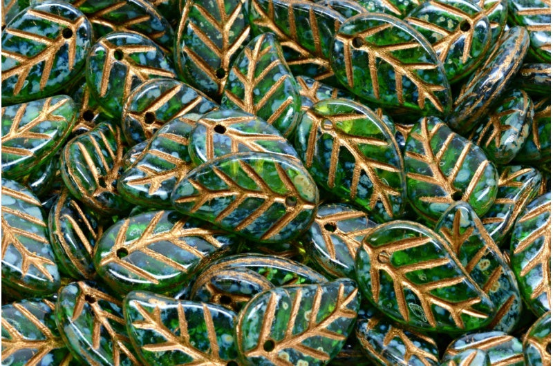 Leaf Pendant Beads, Green Transparent Travertin Bronze Lined (50040-86800-54317), Glass, Czech Republic