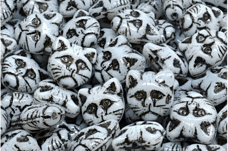 Cat Muzzle Beads, White Black Lined (02010-54313), Glass, Czech Republic