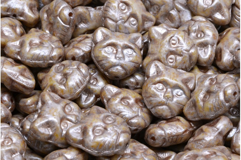 Cat Muzzle Beads, White Cream Luster Spotted Copper Lined (02010-65321-54324), Glass, Czech Republic