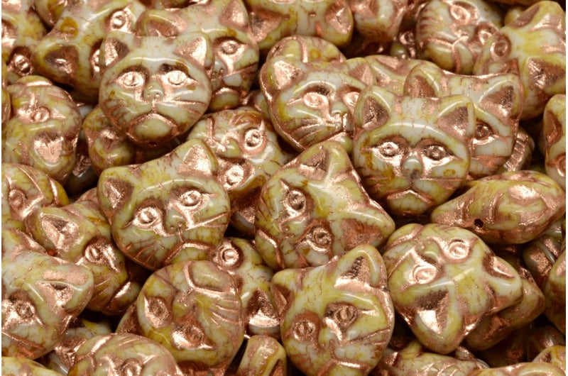 OUTLET 10 grams Cat Muzzle Beads, 13 x 13 mm, White Travertin Copper Lined (02010-86800-54318), Glass, Czech Republic