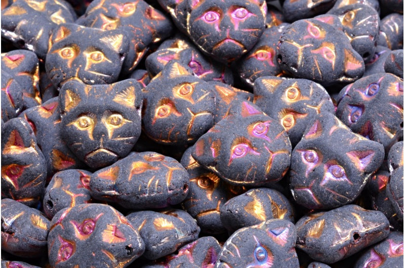 OUTLET 10 grams Cat Muzzle Beads, 13 x 13 mm, Black Sliperit Full (2X Side) Matte (23980-29503-84100), Glass, Czech Republic