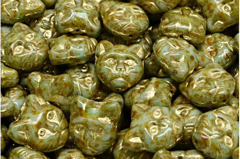 Cat Muzzle Beads, Light Green Travertin Gold Lined (07524-86800-54302), Glass, Czech Republic