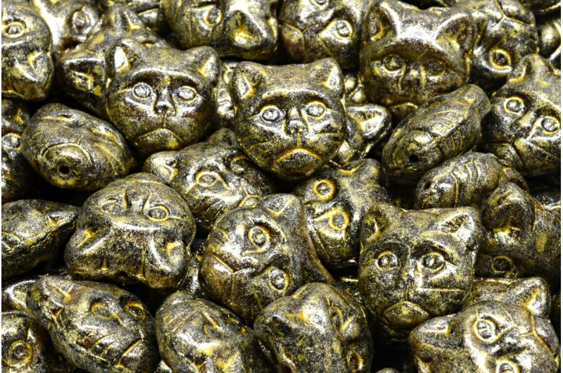 Cat Muzzle Beads, Striped Dark Brown Light Yellow (26117-34302), Glass, Czech Republic