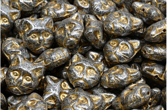 OUTLET 10 grams Cat Muzzle Beads, 13 x 13 mm, Striped Dark Brown Gold Lined Silver Gray (26117-54302-34301), Glass, Czech Republic