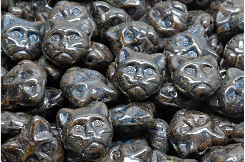 Cat Muzzle Beads, Striped Dark Brown Travertin (26117-86800), Glass, Czech Republic