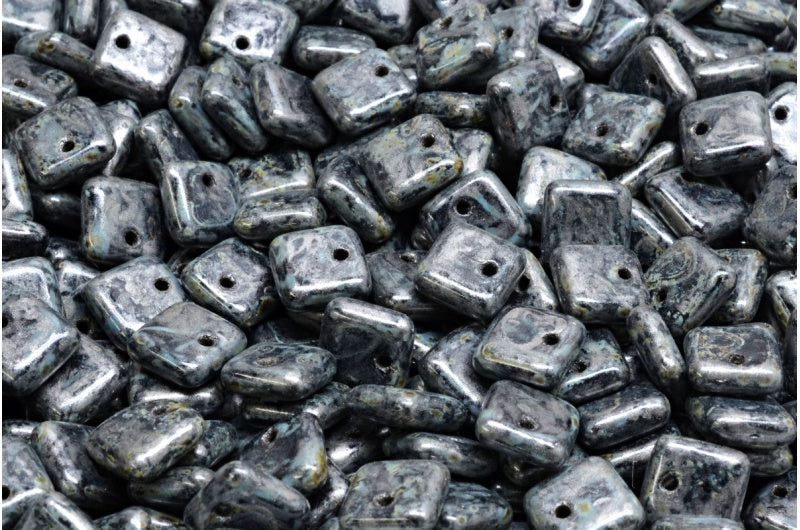 Squarelet Beads, Black Travertin Silver Splash (23980-86800-86790), Glass, Czech Republic