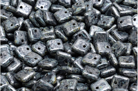 Squarelet Beads, Black Travertin Silver Splash (23980-86800-86790), Glass, Czech Republic