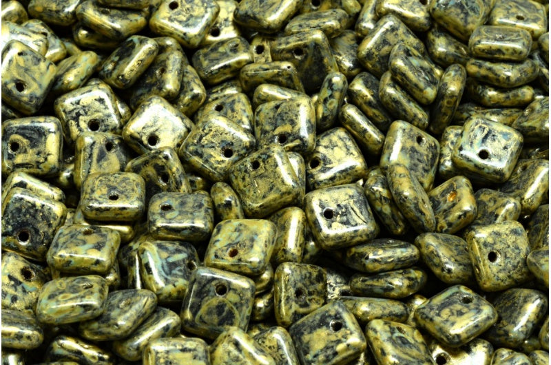 Squarelet Beads, Black Travertin Gold Splash (23980-86800-86720), Glass, Czech Republic