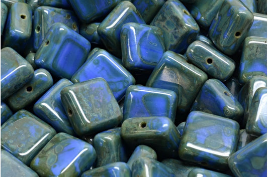 Square Beads, Opaque Blue Travertin (33040-86800), Glass, Czech Republic