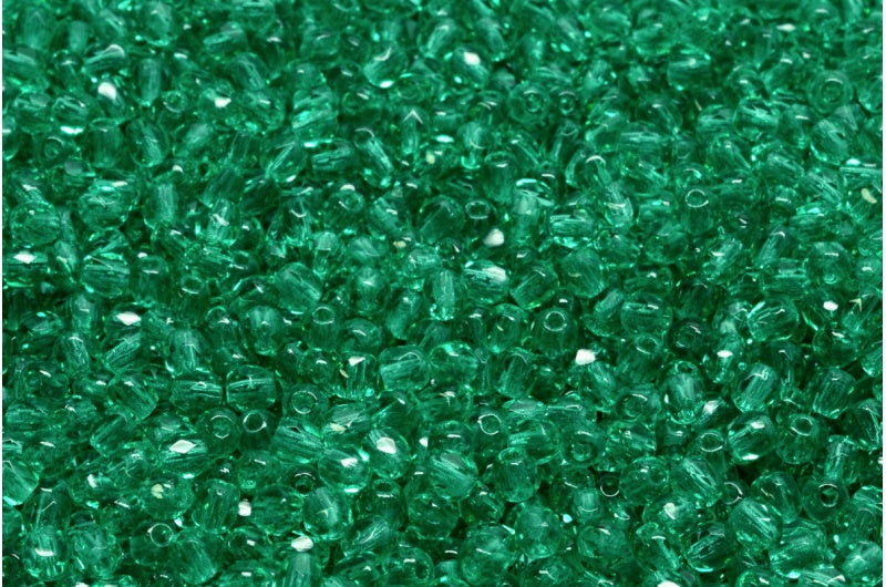 Faceted Round Fire Polished Beads, Transparent Green Emerald (50720), Glass, Czech Republic