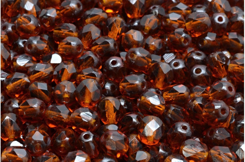 Faceted Round Fire Polished Beads, Transparent Brown (10100), Glass, Czech Republic