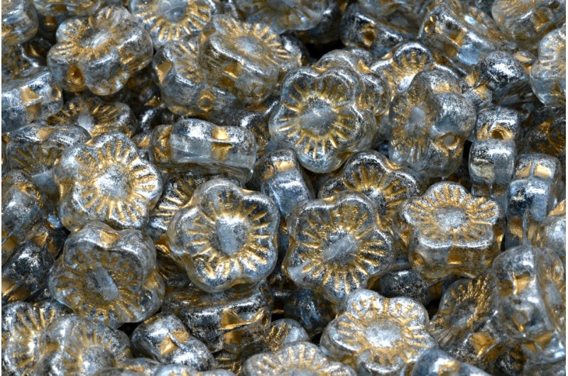 日落花珠，透明蓝金衬银灰色（30010-54302-34301），玻璃，捷克共和国