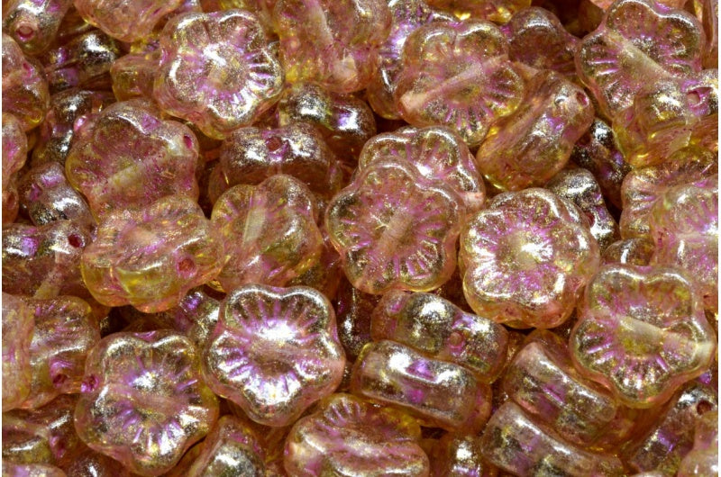 Sunset Flower Beads, Transparent Blue Pink Lined Light Yellow (30010-43807-34302), Glass, Czech Republic