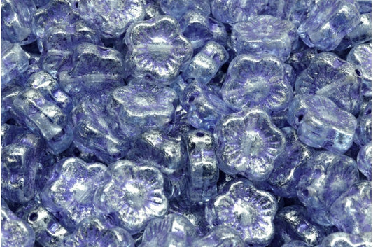 Sunset Flower Beads, Transparent Blue 43810 Silver Gray (30010-43810-34301), Glass, Czech Republic