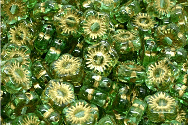 Sunset Flower Beads, Transparent Green Gold Lined (50500-54302), Glass, Czech Republic