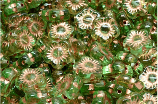 Sunset Flower Beads, Transparent Green Copper Lined (50500-54318), Glass, Czech Republic