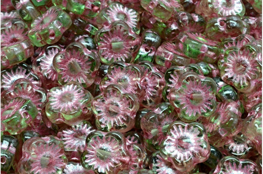 Sunset Flower Beads, Transparent Green Pink Lined (50500-54321), Glass, Czech Republic