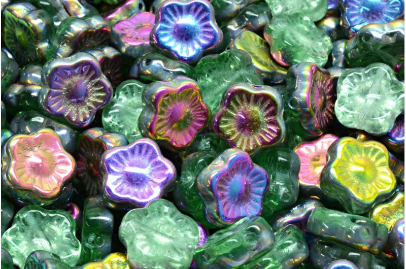 Sunset Flower Beads, Transparent Green Crystal Vitrail Medium Coating (50500-28101), Glass, Czech Republic