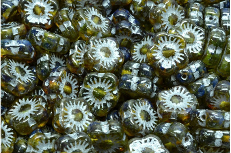 日落花珠，透明绿色石灰华银衬里（50500-86800-54301），玻璃，捷克共和国