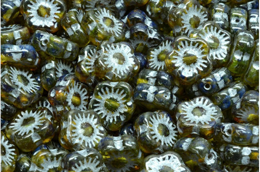 Sunset Flower Beads, Transparent Green Travertin Silver Lined (50500-86800-54301), Glass, Czech Republic