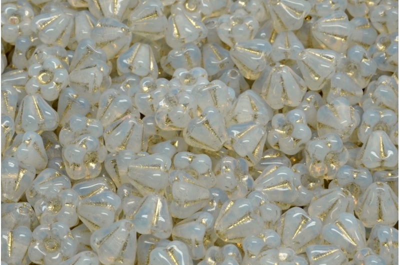Bell Flower Beads, Opal White Gold Lined (01000-54302), Glass, Czech Republic