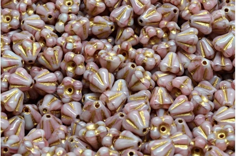 Bell Flower Beads, Mixed Blue Pink Gold Lined (57713-54302), Glass, Czech Republic