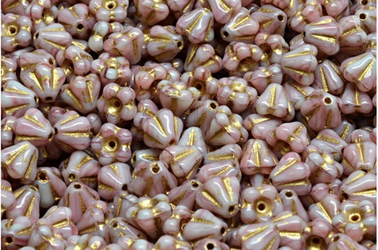 OUTLET 10 grams Bell Flower Beads, 4 x 6 mm, Mixed Blue Pink Gold Lined (57713-54302), Glass, Czech Republic