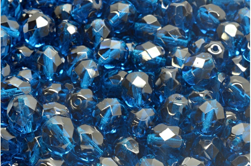 Faceted Round Fire Polished Beads, Transparent Aqua (60080), Glass, Czech Republic