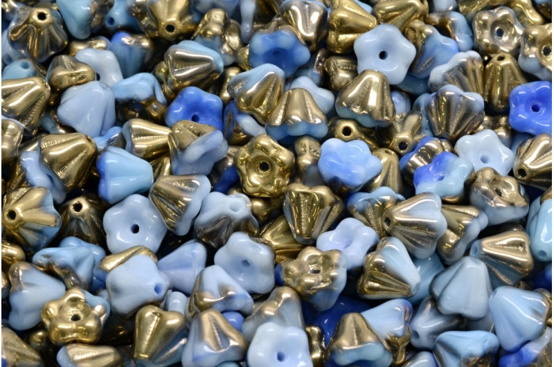 Bell Flower Beads, Light Sky Blue Gold (07314-26441), Glass, Czech Republic