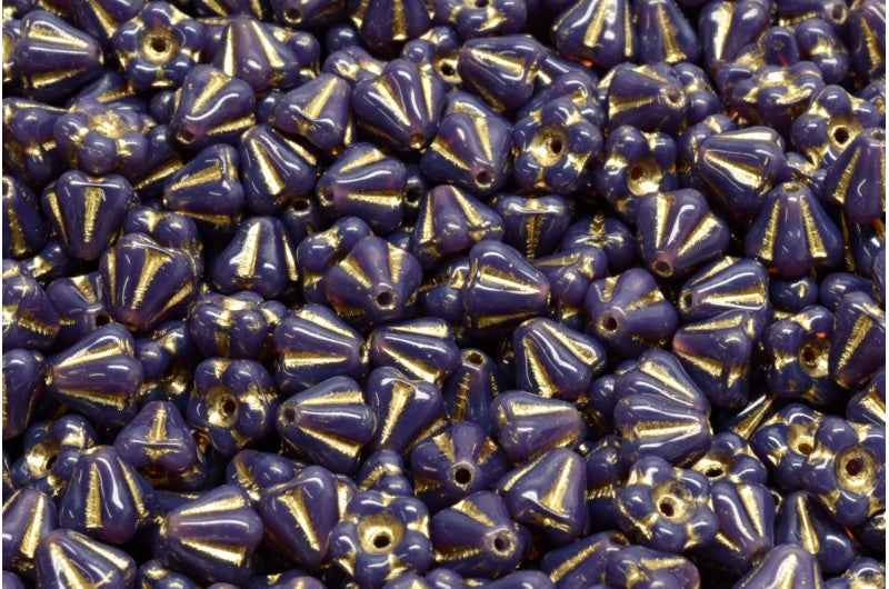 Bell Flower Beads, Opal Dark Lavender Gold Lined (21010-54302), Glass, Czech Republic