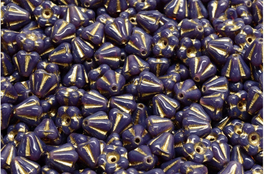 Bell Flower Beads, Opal Dark Lavender Gold Lined (21010-54302), Glass, Czech Republic