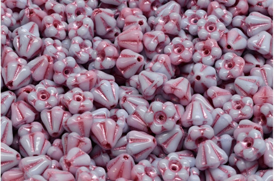OUTLET 10 grams Bell Flower Beads, 4 x 6 mm, Opaque Lilac Blue Pink Lined (37714-54321), Glass, Czech Republic