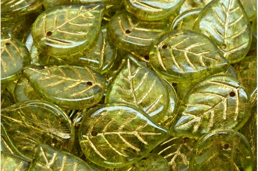 Apple Leaf Beads, Crystal Gold Lined Light Green (00030-54302-34310), Glass, Czech Republic