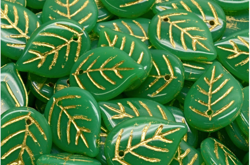 Apple Leaf Beads, Opal Milk Green Gold Lined (52120-54302), Glass, Czech Republic