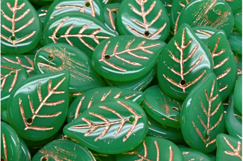 OUTLET 10 grams Apple Leaf Beads, Opal Milk Green Copper Lined (52120-54307), Glass, Czech Republic