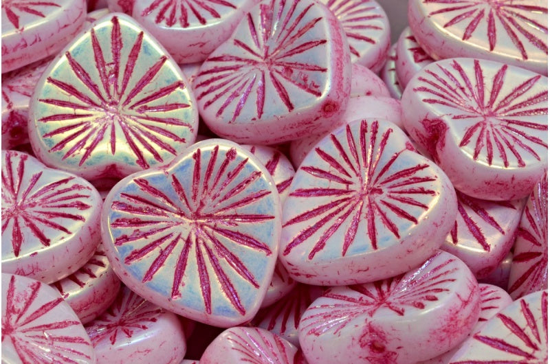 Kiwi Heart Beads, White Ab Full (2X Side) Pink Lined (02010-28703-43807), Glass, Czech Republic