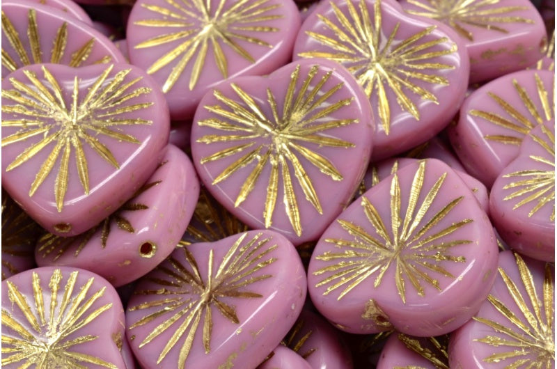 Kiwi Heart Beads, Opaque Pink Gold Lined (73010-54302), Glass, Czech Republic