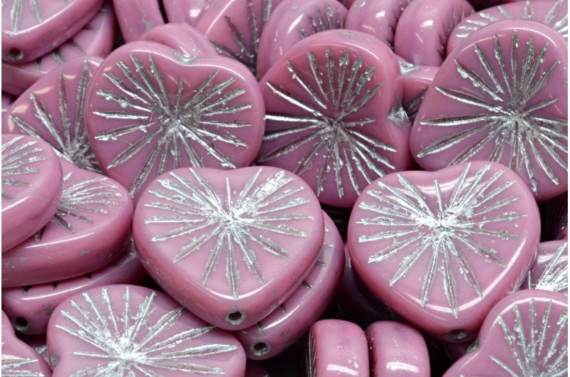 Kiwi Heart Beads, Opaque Pink Silver Lined (73010-54301), Glass, Czech Republic