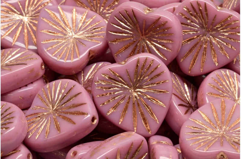 Kiwi Heart Beads, Opaque Pink Copper Lined (73010-54307), Glass, Czech Republic