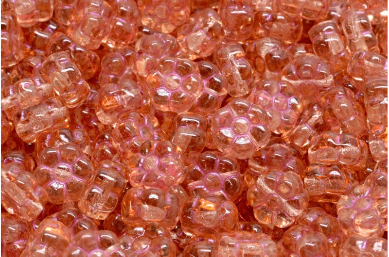 フラットフラワービーズ、クリスタルピンクライン、ライトピンクピーチ（00030-43807-34305）、ガラス、チェコ共和国