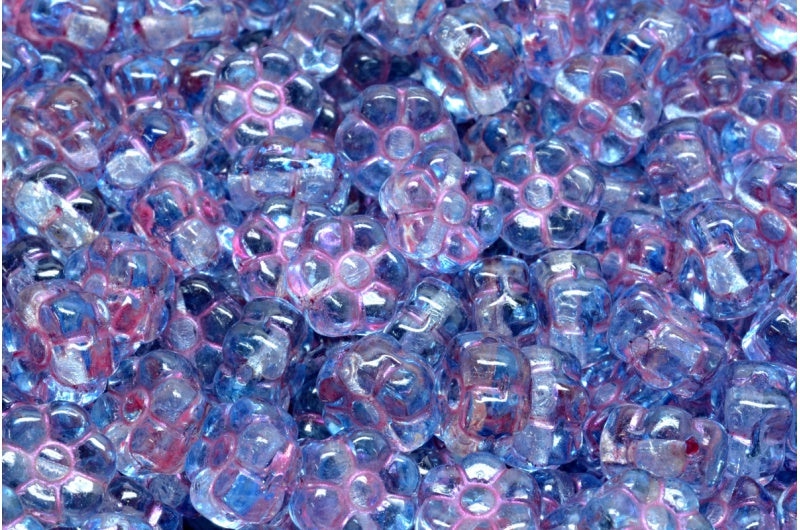 フラットフラワービーズ、クリスタルピンクラインライトブルー（00030-43807-34307）、ガラス、チェコ共和国