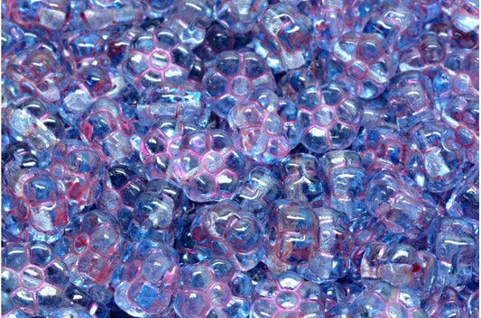 フラットフラワービーズ、クリスタルピンクラインライトブルー（00030-43807-34307）、ガラス、チェコ共和国