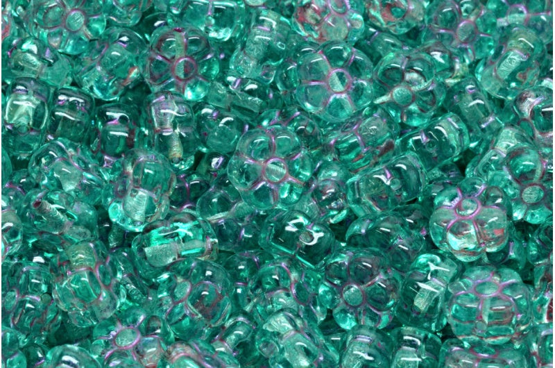 フラットフラワービーズ、クリスタルピンクラインライトターコイズ（00030-43807-34309）、ガラス、チェコ共和国