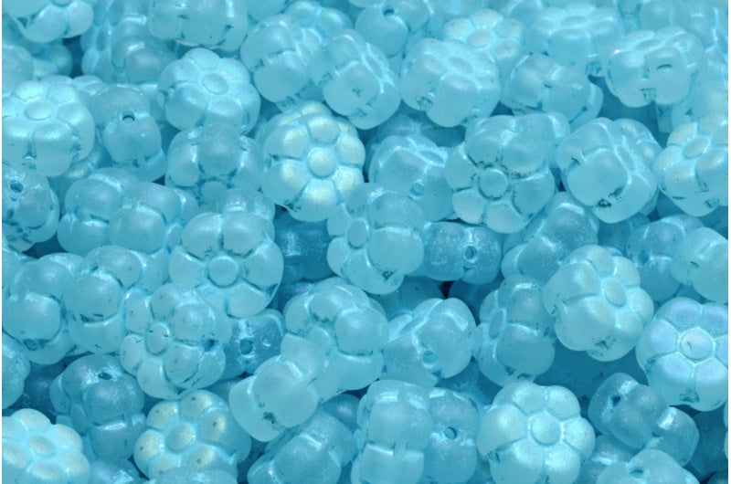 OUTLET 10 grams Flat Flower Beads, 8 x 8 mm, Crystal Matte Ab Full (2X Side) Light Blue Lined (00030-84100-28703-54308), Glass, Czech Republic
