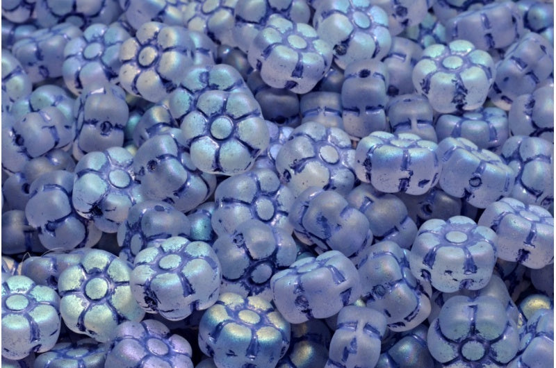 Flat Flower Beads, Crystal Matte Ab Full (2X Side) Blue Lined (00030-84100-28703-54325), Glass, Czech Republic