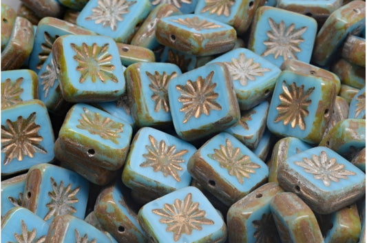 テーブルカットスクエアキウイビーズ、ブルートラバーチンゴールドライン（63020-86800-54302）、ガラス、チェコ共和国