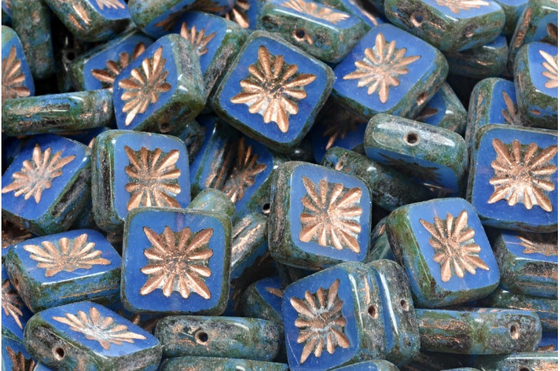 Table Cut Square Kiwi Beads, Opal Blue Travertin Copper Lined (31000-86800-54318), Glass, Czech Republic