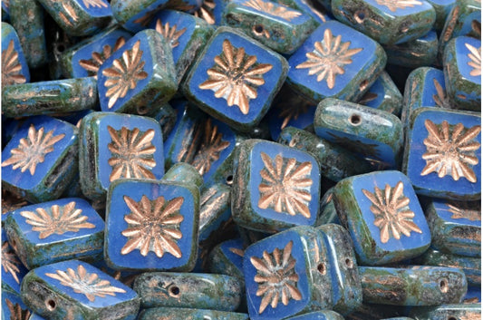 Table Cut Square Kiwi Beads, Opal Blue Travertin Copper Lined (31000-86800-54318), Glass, Czech Republic