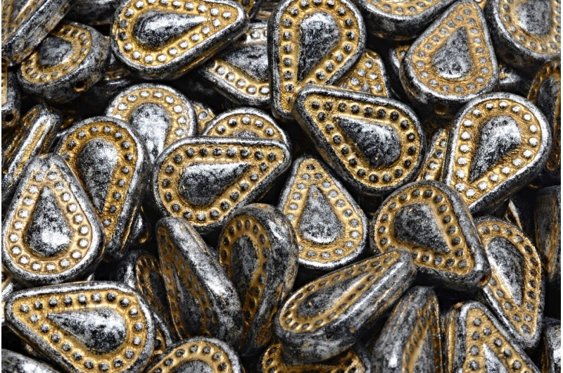 Filigree Teardrop Beads, Black Gold Lined Silver Gray (23980-54302-34301), Glass, Czech Republic