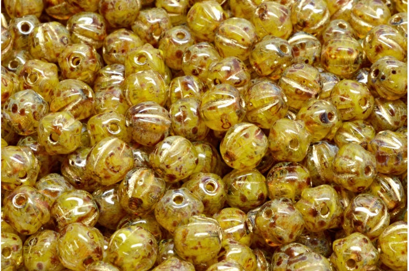 Melon Beads, Yellow Travertin Gold Lined (R0812-86800-54302), Glass, Czech Republic